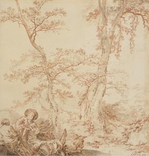 Jean-Baptiste Leprince - Le repos pendant la fuite en Égypte dans un paysage arboré (recto) ; Esquisse de paysage avec un paysan et son âne (verso)