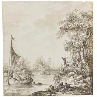 Jean-Baptiste Leprince - River Scene With A Boat Hauling In Sails, Figures Resting On The Bank