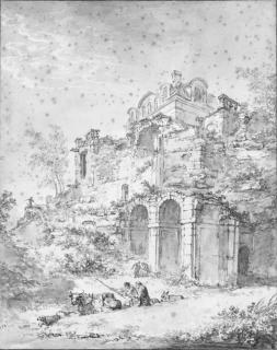 Jean-Baptiste Leprince - The Chateau de Sceaux seen from below, with the ruins of an orangery and herdsmen in the foreground