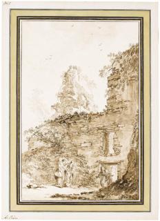 Jean-Baptiste Leprince - Un Paysage de Ruines Avec Deux Femmes Visitant Un Ermite