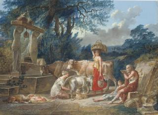 Jean-Baptiste Mallet - A peasant family and their animals by a well in a classical landscape