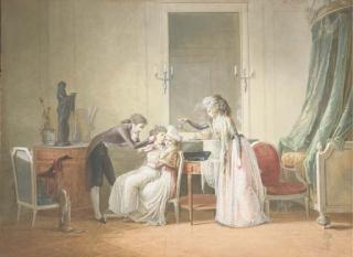 Jean-Baptiste Mallet - A young man piercing the ear of a young girl seated on the knees of a woman, another bringing an earring