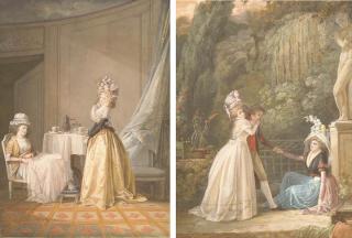 Jean-Baptiste Mallet - Deux Sujets Tirés de la Nouvelle Héloïse de Jean-Jacques Rousseau: Deux Femmes, L\'Une Assise Près D\'Une Table Avec Deux Tasses Et Une Chocolatière; Et Un Couple Dans Un Jardin, L\'Homme Tenant la Main À Une Femme Assise