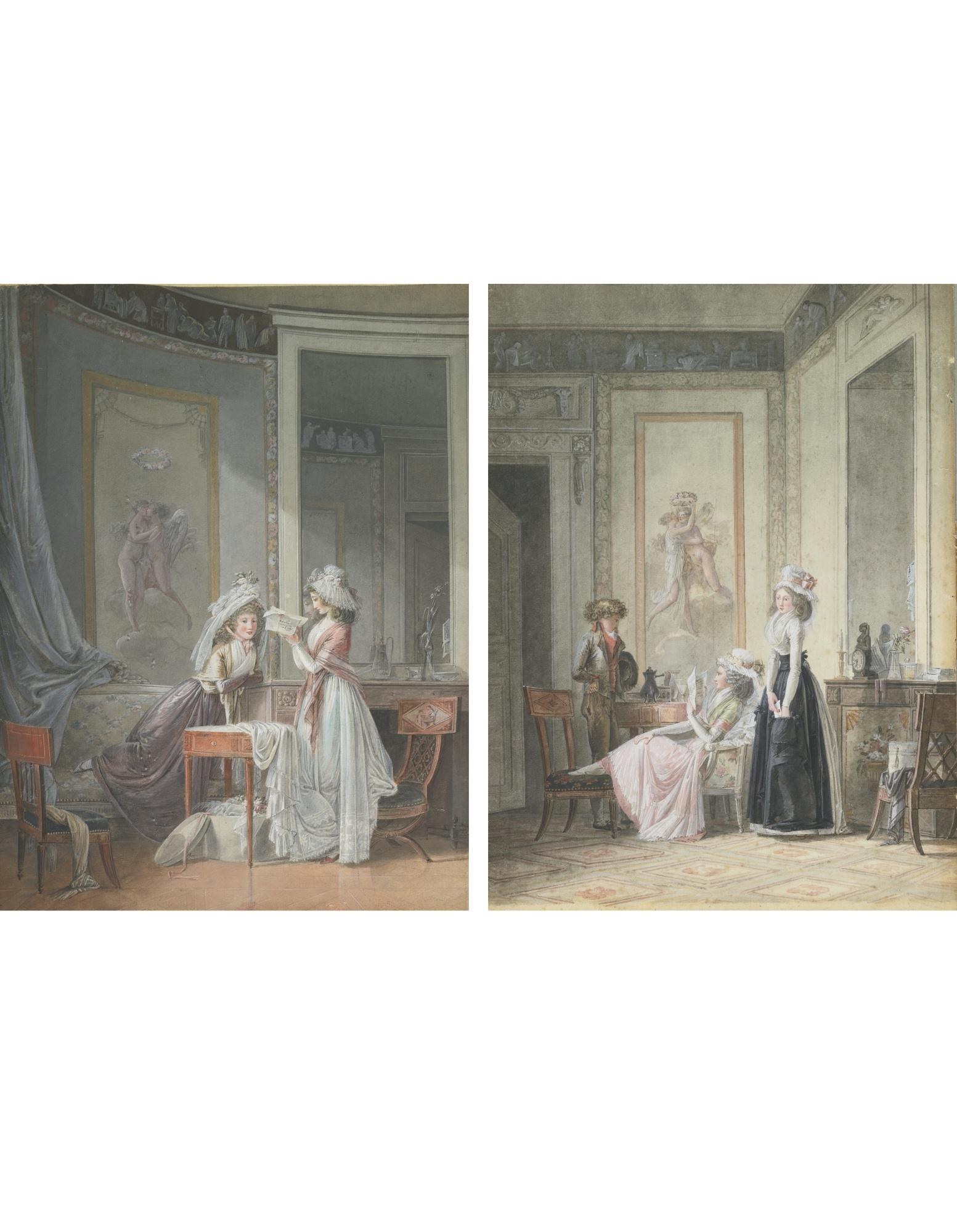 Jean-Baptiste Mallet - Elegant Interior With A Woman Reading A Letter To A Friend; Elegant Interior With A Seated Woman Reading A Letter To A Boy