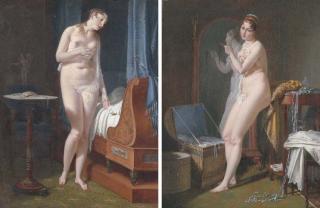 Jean-Baptiste Mallet - La Veille du Mariage: a nude woman standing by a bedridden man; and Le Lendemain du Mariage: a nude woman bedecked with jewels standing by a mirror