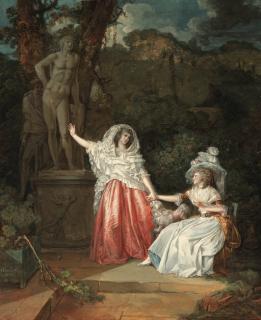 Jean-Baptiste Mallet - Two elegant young ladies in a garden with a man hiding behind a statue of Apollo