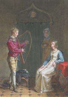 Jean-Baptiste Mallet - Un jeune homme jouant de la harpe devant une femme et une servante dans un intérieur gothique