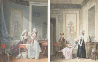 Jean-Baptiste Mallet - Une femme lisant une lettre devant une amie dans un intérieur Directoire; et Une femme assise lisant une lettre devant un garçon dans un intérieur Directoire, une servante cachant une lettre près de la cheminée