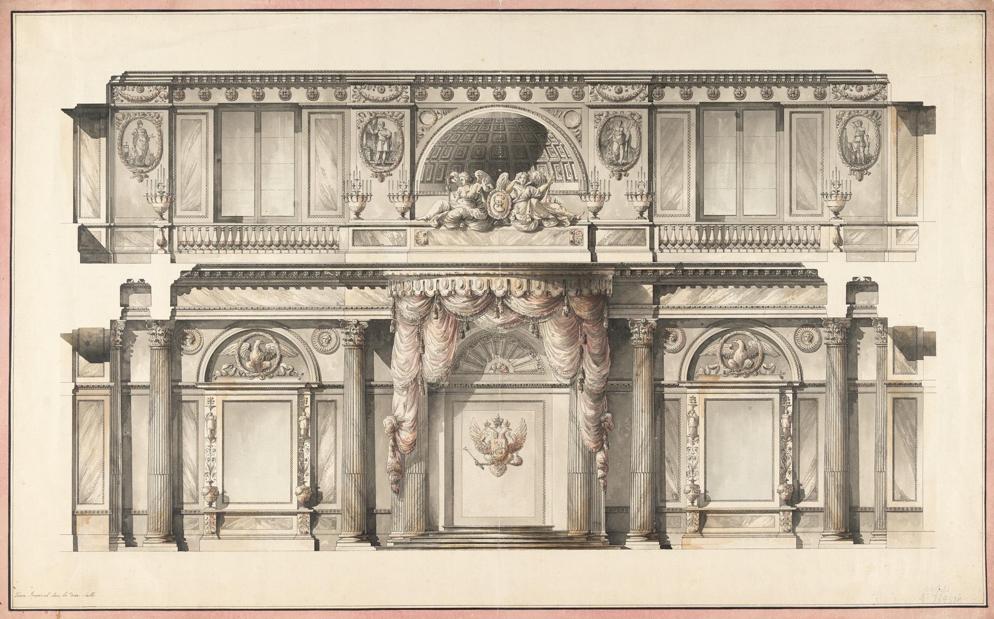 Jean-Baptiste Métivier - 3 Bll.: Fassadenentwürfe für einen Thronsaal mit dem Wappen des russischen Kaiserreiches