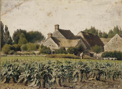 Jean-Baptiste Millet - A landscape with a field of mangold wurzels, a hamlet with two figures beyond