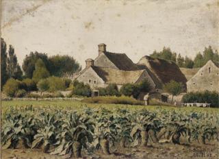 Jean-Baptiste Millet - A landscape with a field of mangold wurzels, a hamlet with two figures beyond