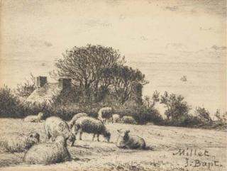 Jean-Baptiste Millet - Des moutons dans un pré, une chaumière au fond