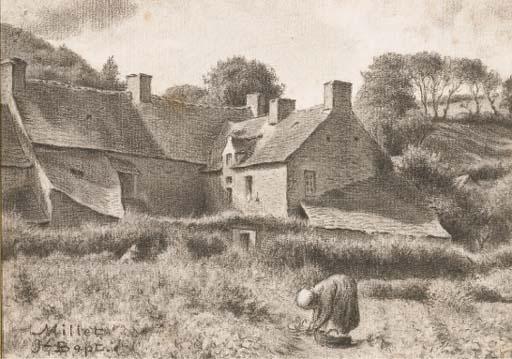 Jean-Baptiste Millet - Une paysanne ramassant des herbes, un panier à ses pieds, devant une chaumière