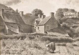 Jean-Baptiste Millet - Une paysanne ramassant des herbes, un panier à ses pieds, devant une chaumière