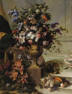 Jean-Baptiste Monnoyer - A Bouquet Of Flowers In A Gilded Bronze Urn On A Porphyry Base In An Architectural Setting