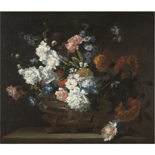Jean-Baptiste Monnoyer - A Still Life Of Flowers Including Peonies, Carnations, Poppies And Auriculae In A Bronze Urn On A Stone Ledge