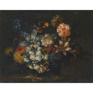 Jean-Baptiste Monnoyer - A Still Life Of Lillies, Honeysuckle And Other Flowers In A Vase On A Ledge
