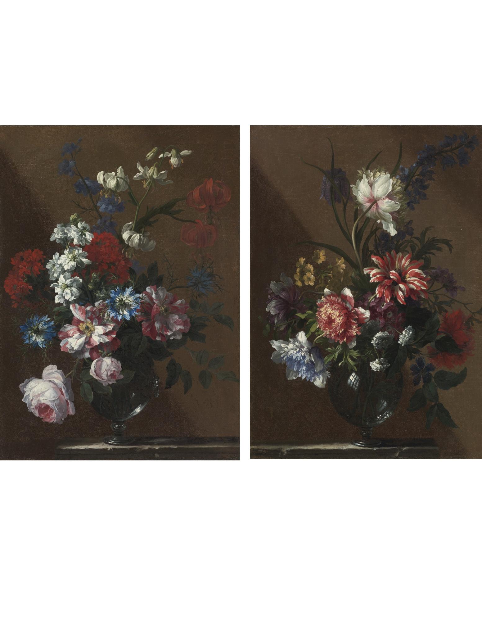 Jean-Baptiste Monnoyer - Bouquets Of Flowers In Glass Vases On Marble Ledges