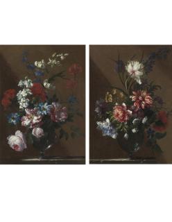 Jean-Baptiste Monnoyer - Bouquets Of Flowers In Glass Vases On Marble Ledges