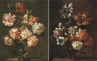 Jean-Baptiste Monnoyer - Carnations, morning glory, zagara and other flowers in a glass vase on a stone ledge; and Parrot tulips, forget-me-not and other flowers in a glass vase on a stone ledge