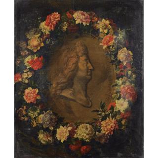 Jean-Baptiste Monnoyer - Guirlande De Fleurs Avec Anémones Entourant Le Portrait De Louis Xiv En Médaillon