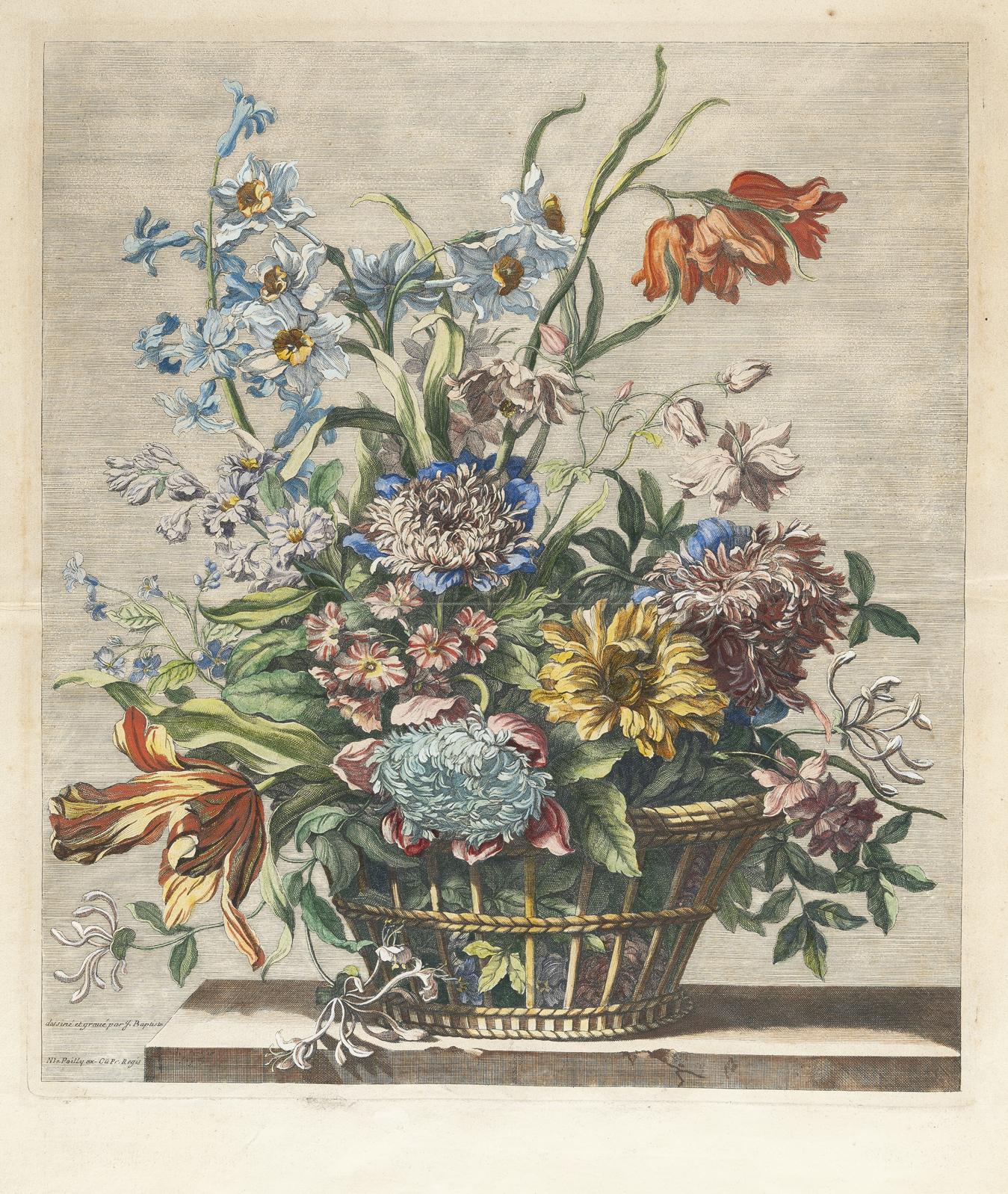 Jean-Baptiste Monnoyer - Korb mit Tulpen, Paeonien, Narzissen, Rittersporn und Primeln