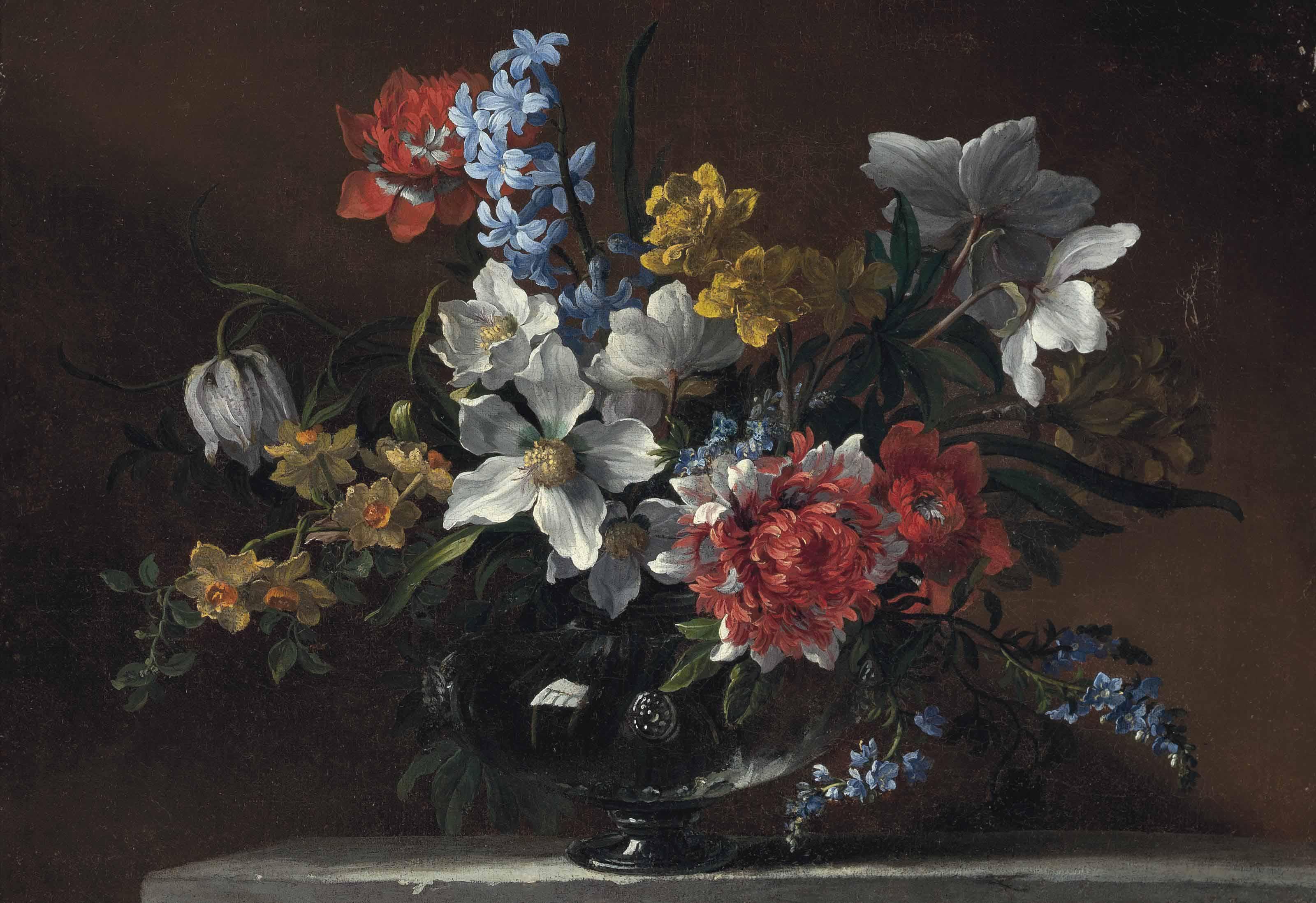 Jean-Baptiste Monnoyer - Narcissi, Hyacinths, Forget-Me-Nots And Other Flowers In A Glass Vase On A Stone Ledge