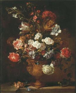 Jean-Baptiste Monnoyer - Parrot tulips, chrysanthemums, primroses, morning glory and other flowers in a sculpted urn on a stone ledge