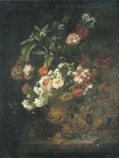Jean-Baptiste Monnoyer - Peonies, narcissi, carnations and other flowers in an urn on a ledge