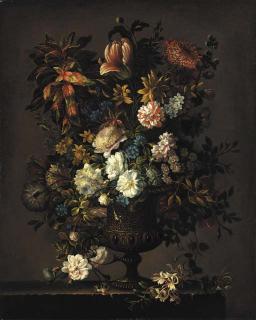 Jean-Baptiste Monnoyer - Roses, carnations, chrysanthemums, a tulip and other flowers in a bronze urn with honeysuckle, on a stone ledge