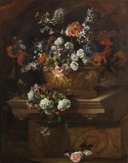 Jean-Baptiste Monnoyer - Roses, carnations, tulips, forget-me-nots and other flowers in an urn, with carnations, honeysuckle and other flowers on a classical plinth, before a draped curtain