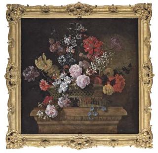 Jean-Baptiste Monnoyer - Roses, convolvulus, spider lilies, parrot tulips, a peony and other flowers in a basket on a pedestal