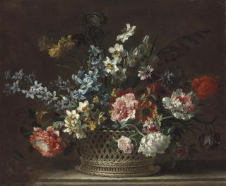 Jean-Baptiste Monnoyer - Roses, daffodils, hyacinths, anemones, fritillaries and other flowers in a woven basket on a stone ledge