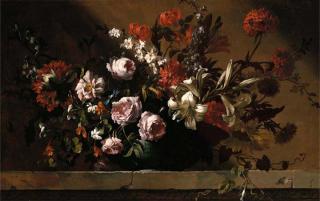 Jean-Baptiste Monnoyer - Roses, tulips, lilies and other flowers in a ceramic dish on a stone ledge