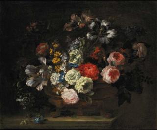 Jean-Baptiste Monnoyer - Roses, tulips, lilies, chrysanthemums, lilac, gentians and yellow sage in an urn on a marble ledge