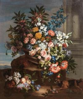 Jean-Baptiste Monnoyer - Still life of a basket of flowers by a column in a landscape with a King Charles spaniel