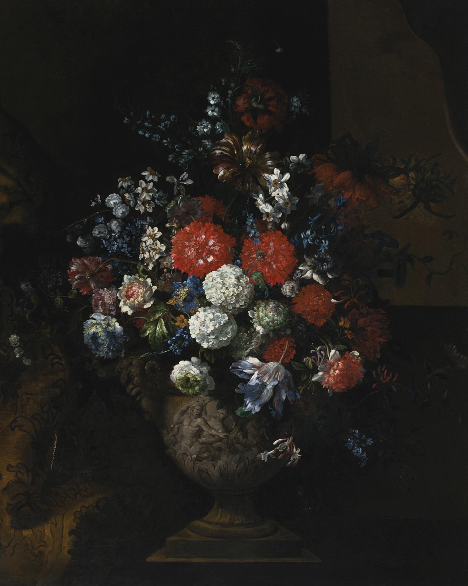 Jean-Baptiste Monnoyer - Still Life Of Flowers, Including Tulips, Roses, Poppies And Viburnum In A Sculpted Urn, Resting On A Stone Plinth