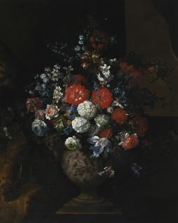 Jean-Baptiste Monnoyer - Still Life Of Flowers, Including Tulips, Roses, Poppies And Viburnum In A Sculpted Urn, Resting On A Stone Plinth