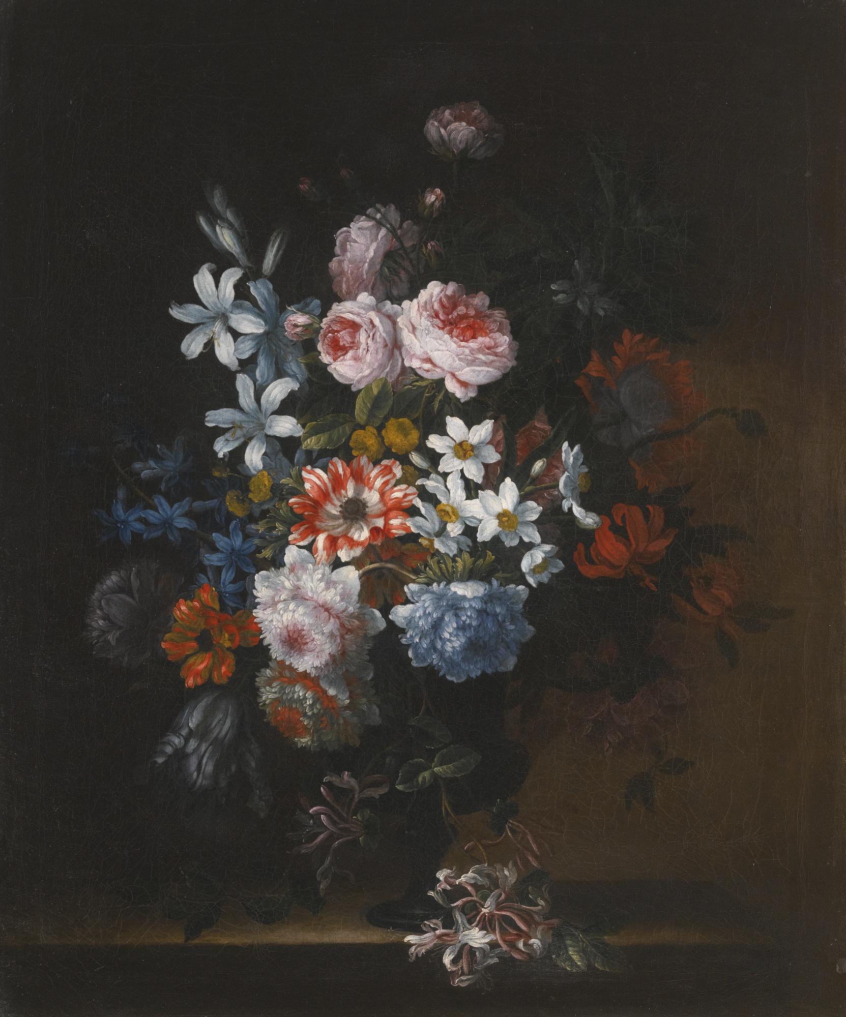 Jean-Baptiste Monnoyer - Still Life Of Roses, Honeysuckle, Lillies, Chrysanthemums, Narcissi And Other Flowers In A Vase