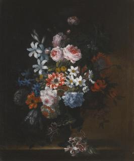 Jean-Baptiste Monnoyer - Still Life Of Roses, Honeysuckle, Lillies, Chrysanthemums, Narcissi And Other Flowers In A Vase