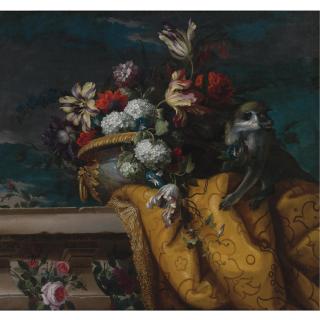 Jean-Baptiste Monnoyer - Still Life Of Tulips, Hydrangea And Other Flowers In A Gilt Urn And A Monkey