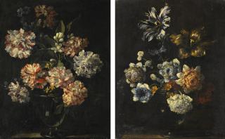Jean-Baptiste Monnoyer - Still Lifes With Carnations, Morning Glory, Zagara And Other Flowers In Glass Vases On Stone Ledges