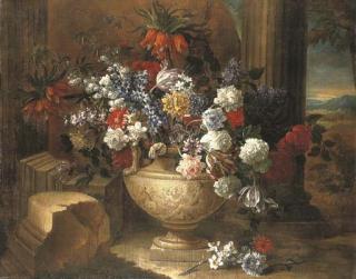 Jean-Baptiste Monnoyer - Tulips, lilacs, dahlias and other flowers in a sculpted vase, before a column, a landscape beyond
