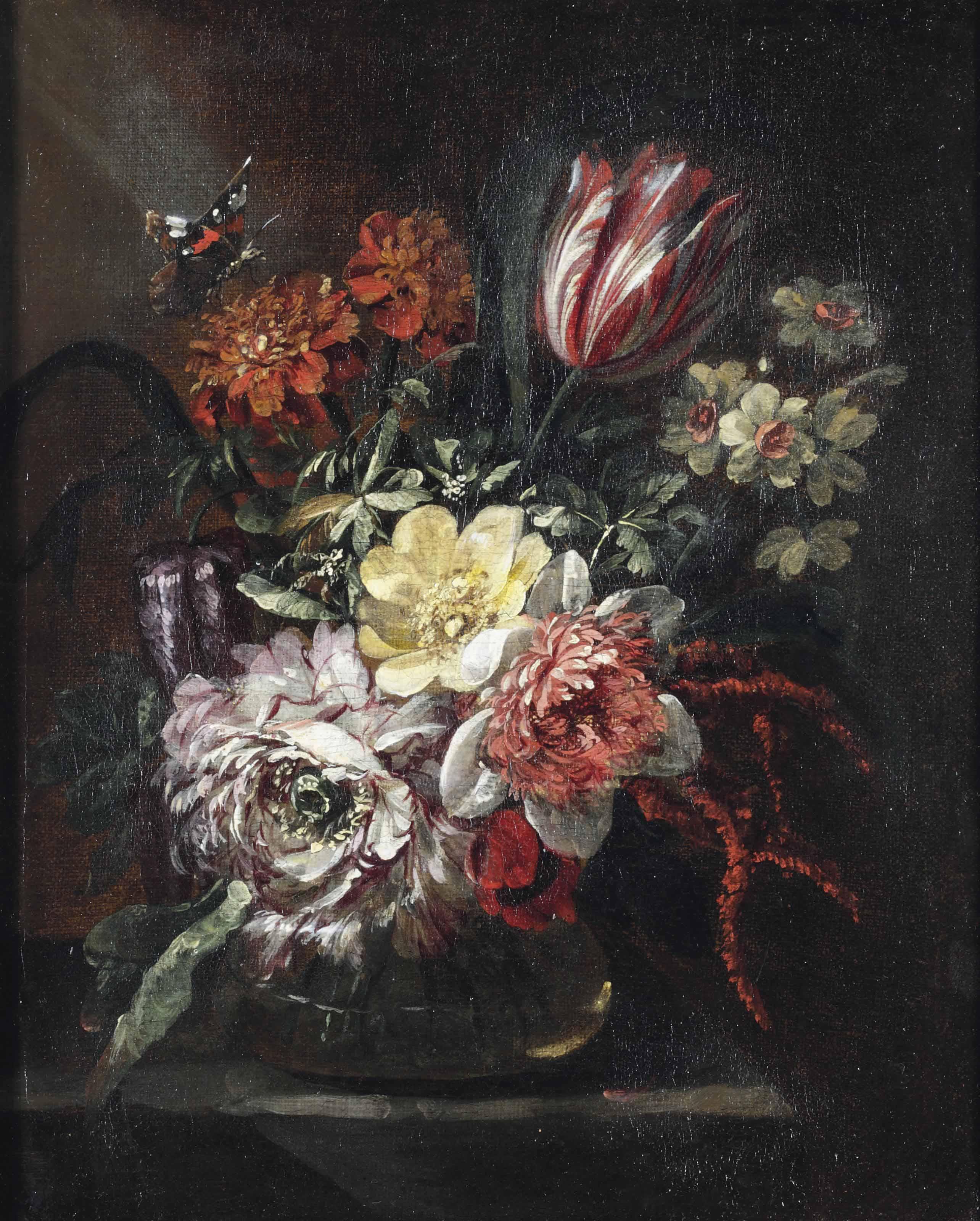 Jean Baptiste Morel - A Tulip, Roses, Daffodils And Other Flowers In A Glass Vase, A Butterfly Above, All On A Partially Draped Table