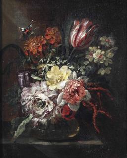 Jean Baptiste Morel - A Tulip, Roses, Daffodils And Other Flowers In A Glass Vase, A Butterfly Above, All On A Partially Draped Table