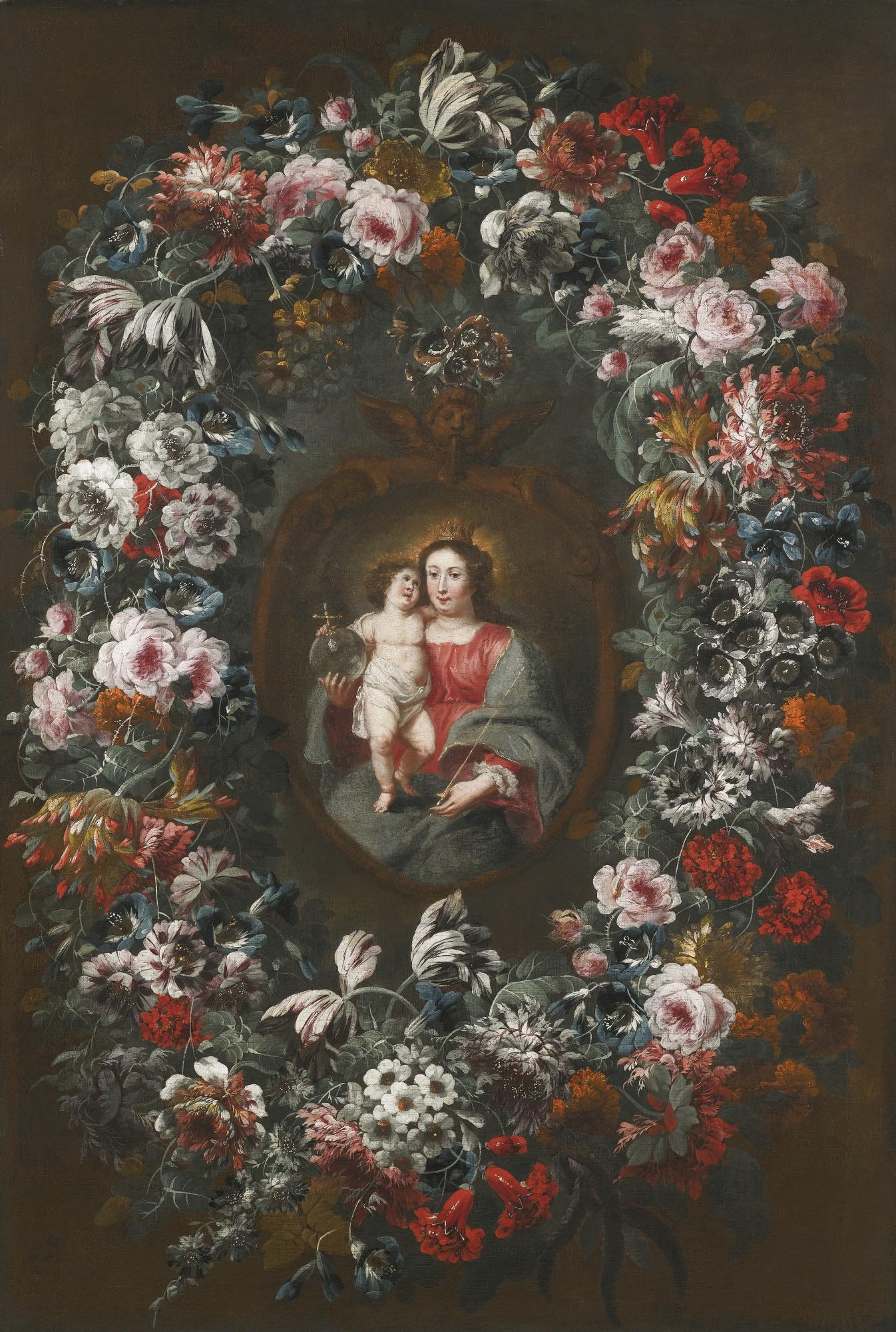 Jean Baptiste Morel - The Madonna And Child In A Floral Garland