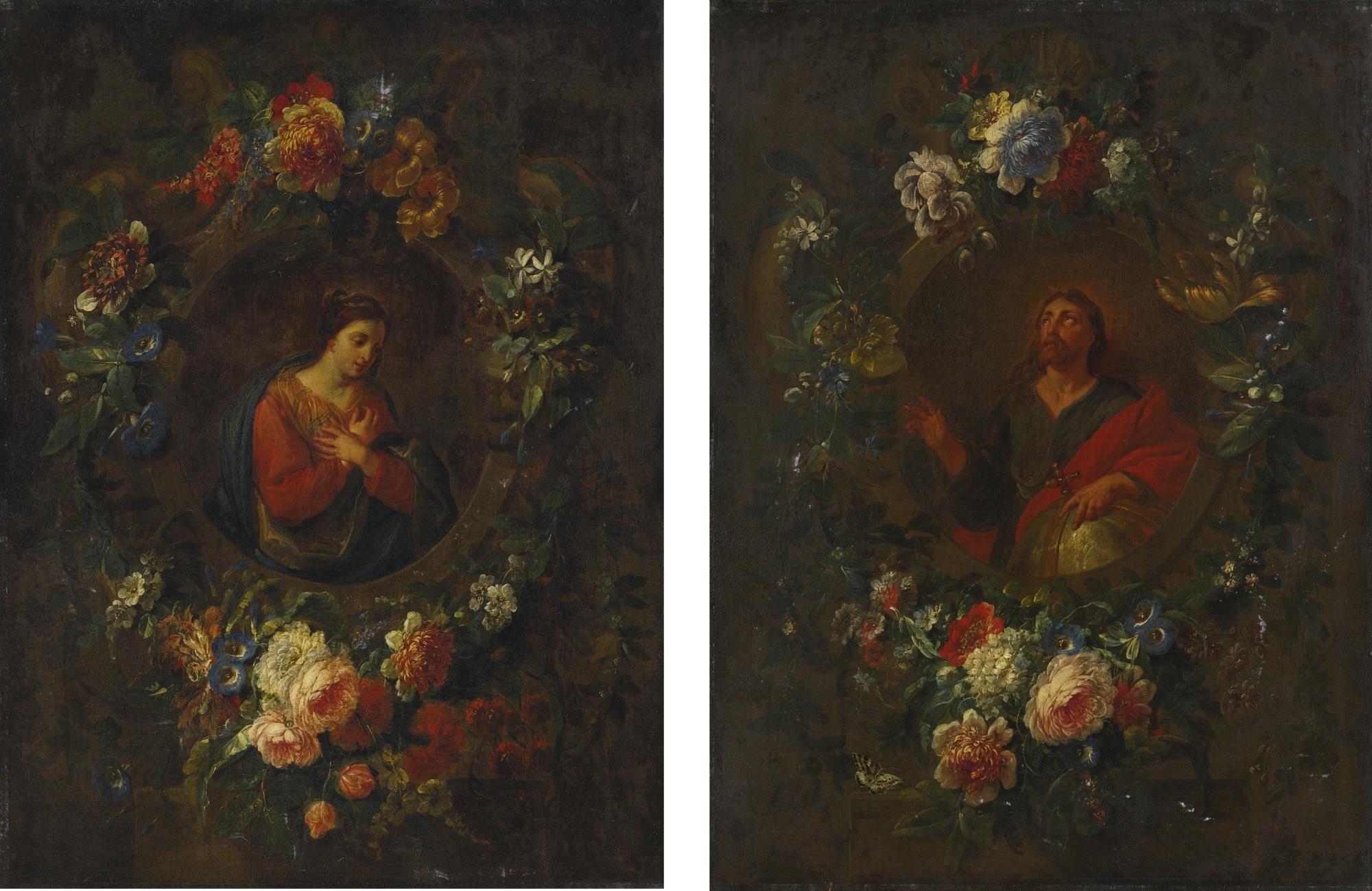 Jean Baptiste Morel - The Virgin Annunciate In A Carved Niche With A Floral Garland; Christ As Salvator Mundi In A Carved Niche With A Floral Garland