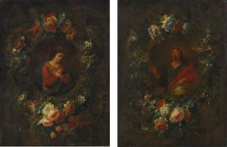 Jean Baptiste Morel - The Virgin Annunciate In A Carved Niche With A Floral Garland; Christ As Salvator Mundi In A Carved Niche With A Floral Garland