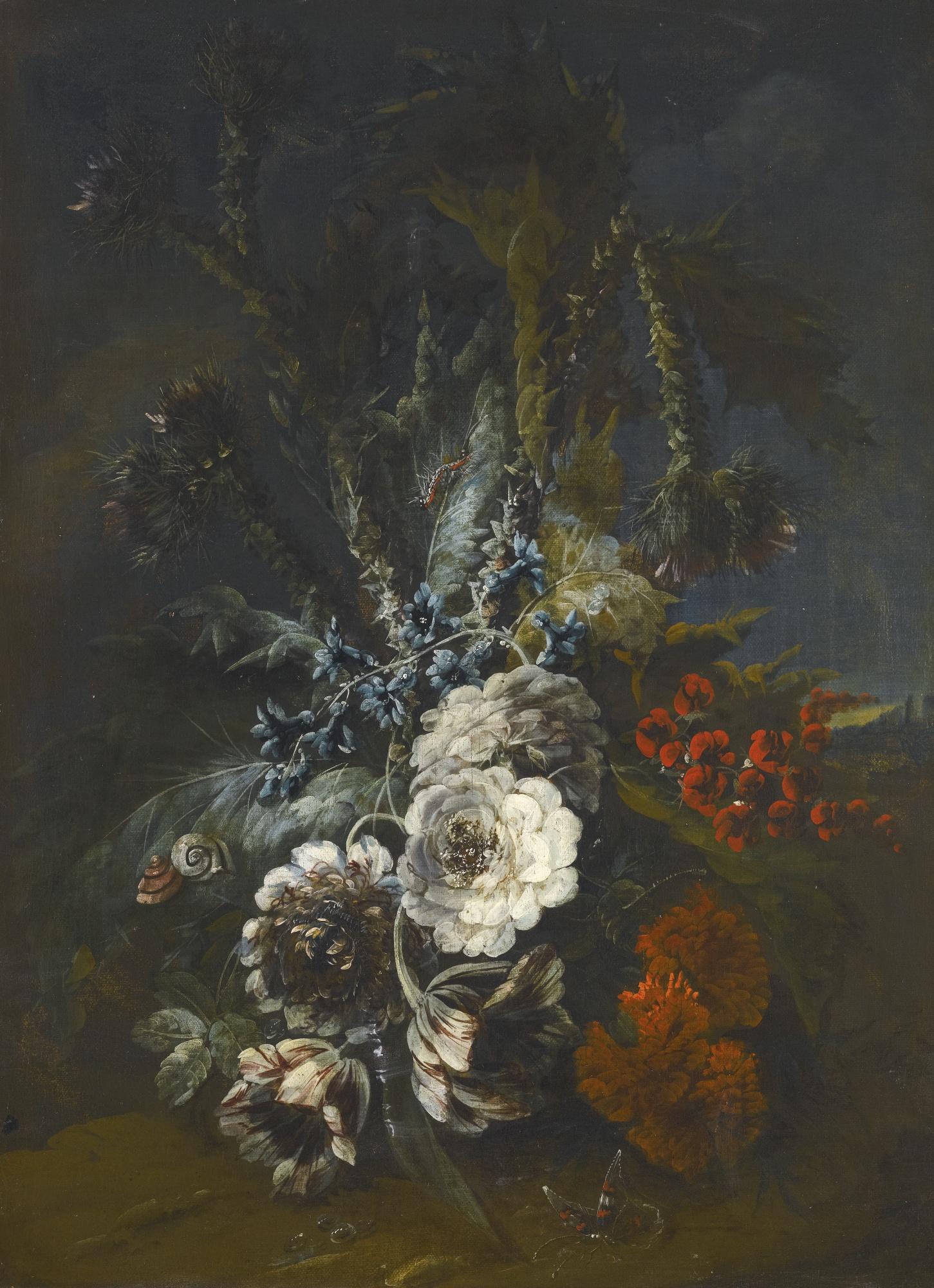 Jean Baptiste Morel - Two Still Lifes With Flowering Globe Artichokes, Variegated Tulips And Other Assorted Wild Flowers, With Snails Butterflies And Other Insects