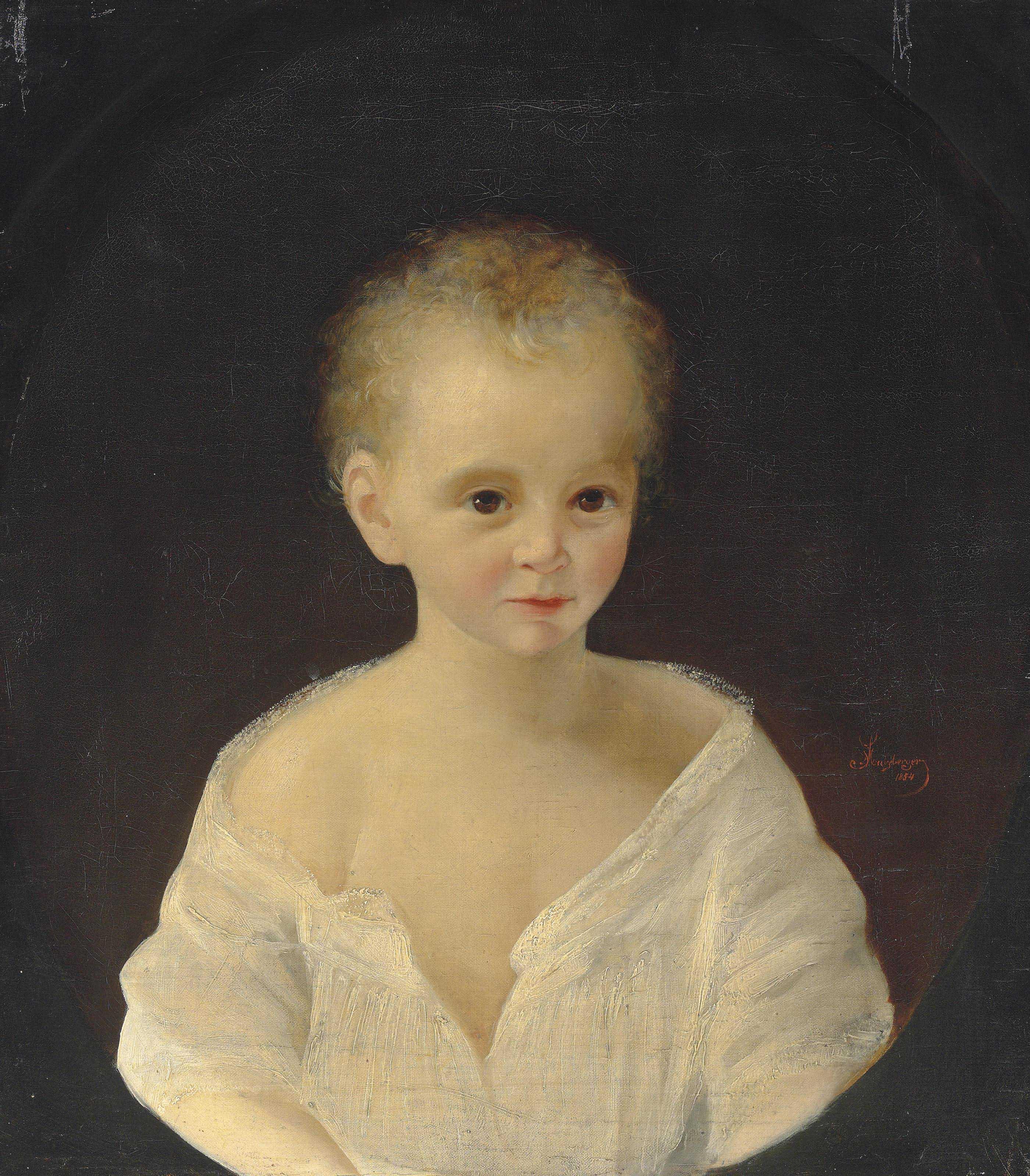 Jean-Baptiste Muntzberger - Portrait of a child, half-length, in a white shirt, in a painted oval